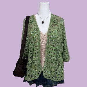 y2k green plus size girly preppy boho granola fairy netted cardigan
